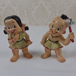 Ucagco Vintage American Indian Children Figurines 1950's Original Sticker Japan